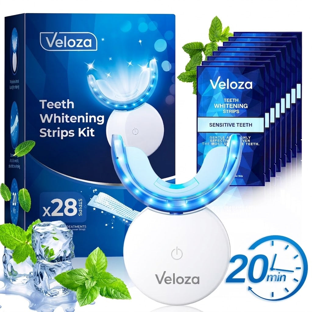 LED Teeth Whitening Strips Kit for Sensitive Teeth - 28 White Strips + 24 Blue Light Accelerator, 20Min Rapid White At-Home Dental Care for Smoking & Coffee Stains